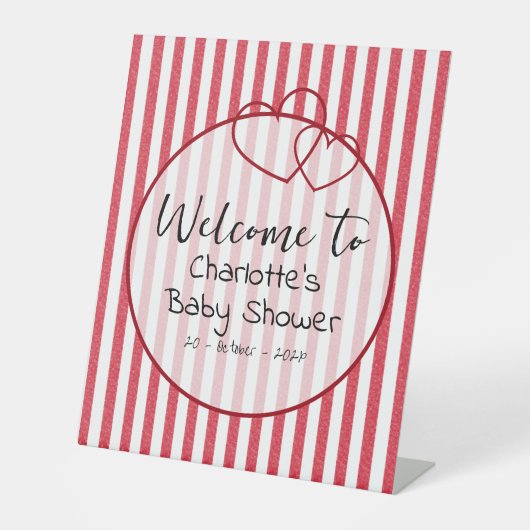 Modern Red Chalk Stripes Double Hearts Baby Shower 台座サイン (正面)