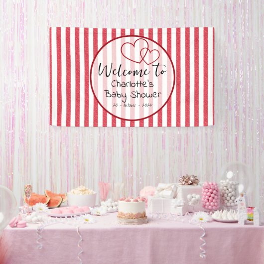 Modern Red Chalk Stripes Double Hearts Baby Shower 横断幕 (パーティー)