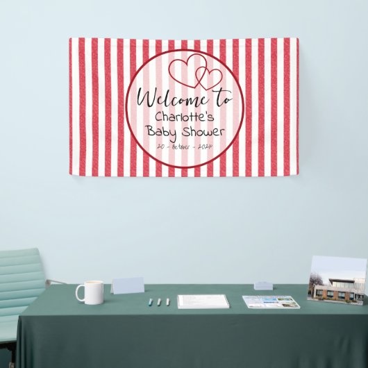 Modern Red Chalk Stripes Double Hearts Baby Shower 横断幕 (トレードショー)