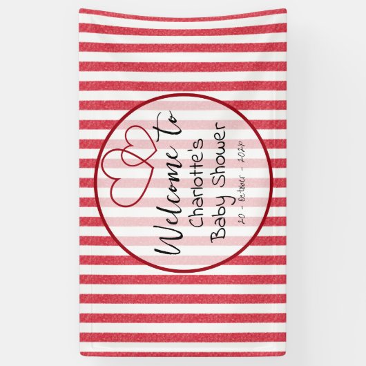 Modern Red Chalk Stripes Double Hearts Baby Shower 横断幕 (縦)