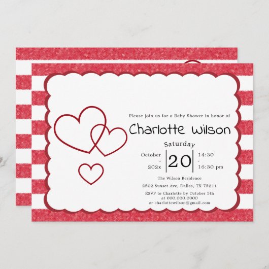 Modern Red Chalk Stripes Horizontal Baby Shower 招待状 (正面/裏面)