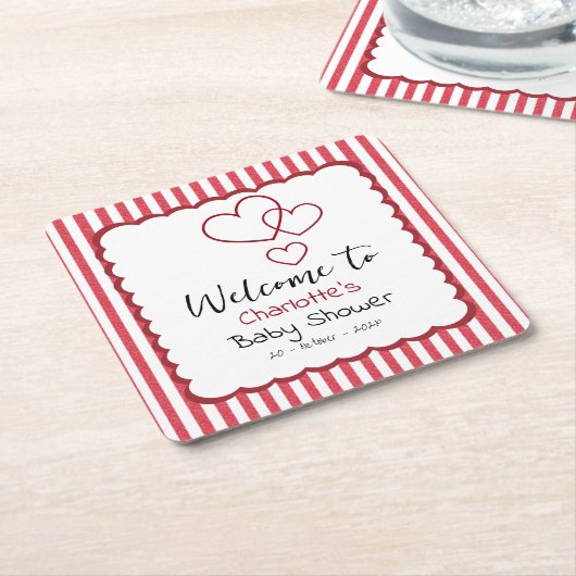 Modern Red Chalk Stripes Triple Hearts Baby Shower スクエアペーパーコースター (アングル)