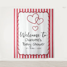Modern Red Chalk Stripes Triple Hearts Baby Shower タペストリー