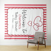 Modern Red Chalk Stripes Triple Hearts Baby Shower タペストリー (インサイチュ(横))