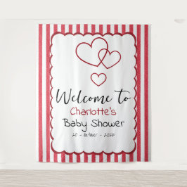 Modern Red Chalk Stripes Triple Hearts Baby Shower タペストリー