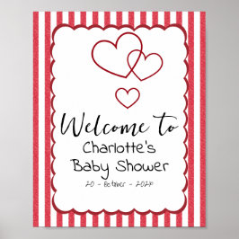 Modern Red Chalk Stripes Triple Hearts Baby Shower ポスター