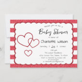 Modern Red Chalk Stripes Triple Hearts Baby Shower 招待状 (正面)