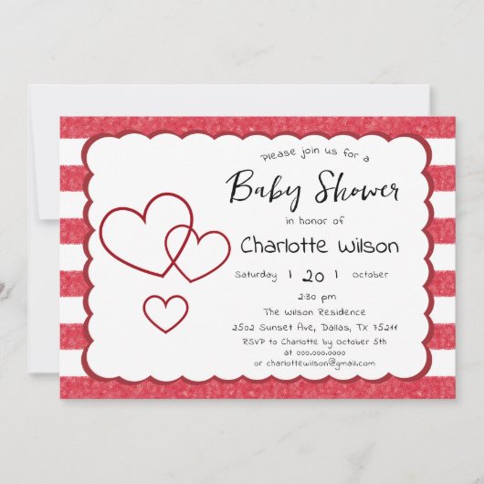 Modern Red Chalk Stripes Triple Hearts Baby Shower 招待状 (正面)