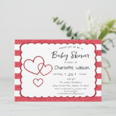 Modern Red Chalk Stripes Triple Hearts Baby Shower 招待状 (スタンド正面)