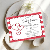 Modern Red Chalk Stripes Triple Hearts Baby Shower 招待状