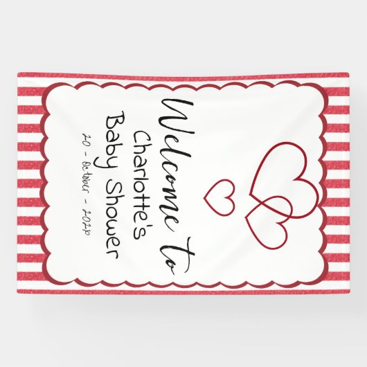 Modern Red Chalk Stripes Triple Hearts Baby Shower 横断幕 (横)