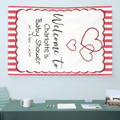 Modern Red Chalk Stripes Triple Hearts Baby Shower 横断幕 (トレードショー)