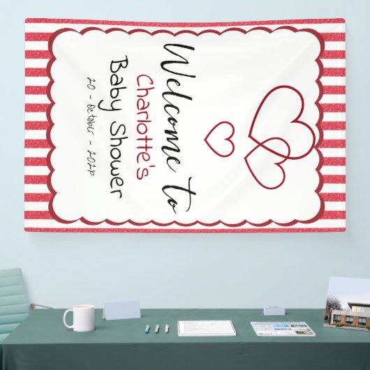 Modern Red Chalk Stripes Triple Hearts Baby Shower 横断幕 (トレードショー)