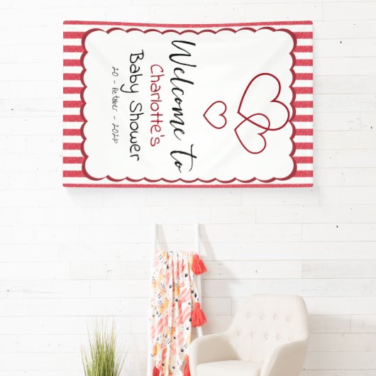Modern Red Chalk Stripes Triple Hearts Baby Shower 横断幕 (インサイチュ)