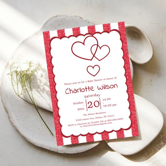 Modern Red Chalk Stripes Vertical Baby Shower 招待状