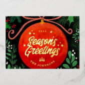 Modern Red Christmas Ball Ornament Botanical 箔シーズンカード (正面)