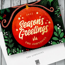 Modern Red Christmas Ball Ornament Botanical 箔シーズンカード