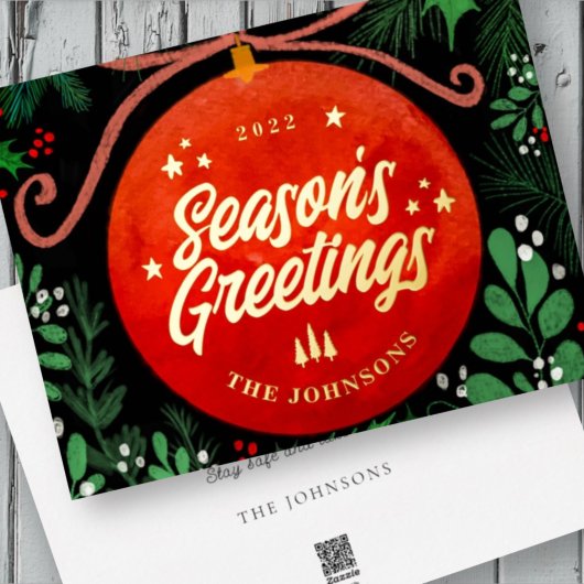 Modern Red Christmas Ball Ornament Botanical 箔シーズンカード