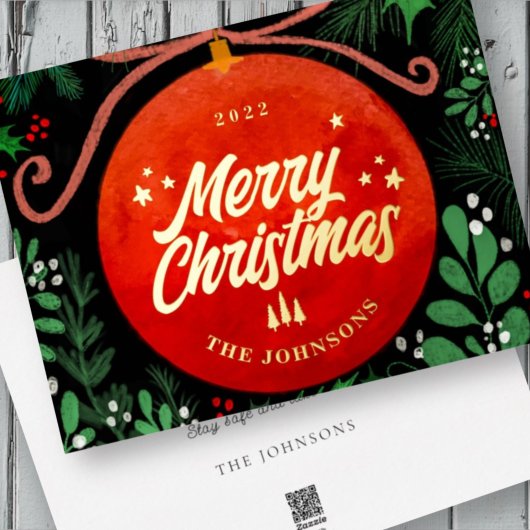 Modern Red Christmas Ball Ornament Botanical 箔シーズンカード