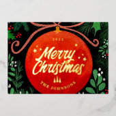 Modern Red Christmas Ball Ornament Botanical 箔シーズンカード (正面)