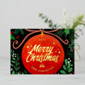 Modern Red Christmas Ball Ornament Botanical 箔シーズンカード (立ち正面)