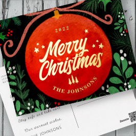 Modern Red Christmas Ball Ornament Botanical 箔シーズンポストカード