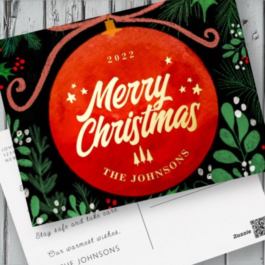 Modern Red Christmas Ball Ornament Botanical 箔シーズンポストカード