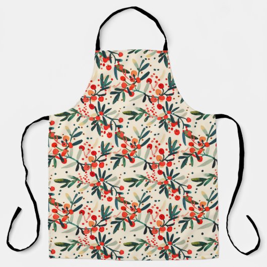 Modern Red Christmas Holly Berries エプロン (正面)