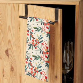 Modern Red Christmas Holly Berries キッチンタオル