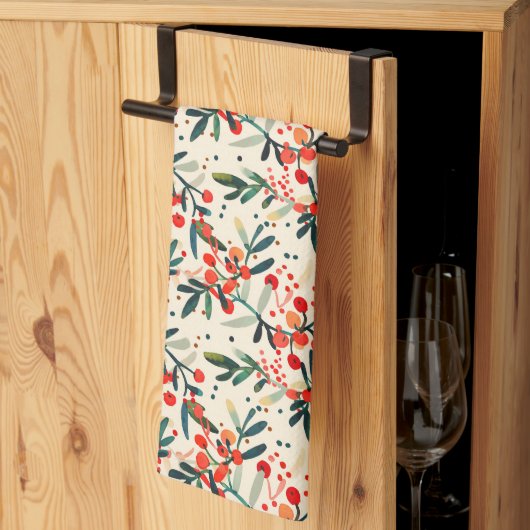 Modern Red Christmas Holly Berries キッチンタオル (三つ折り)