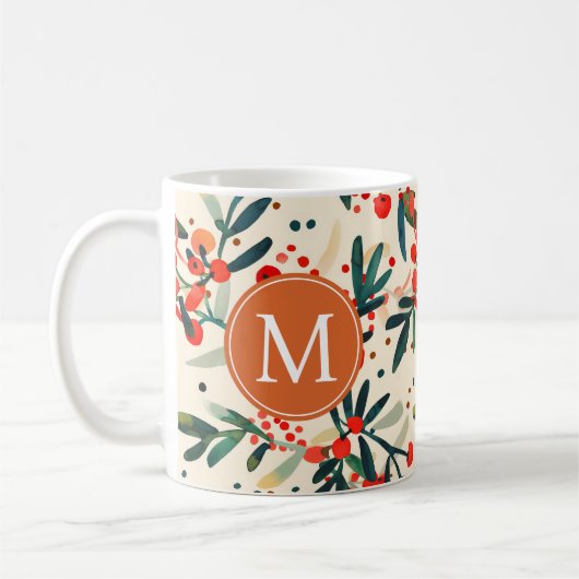 Modern Red Christmas Holly Berries Monogram コーヒーマグカップ (左)