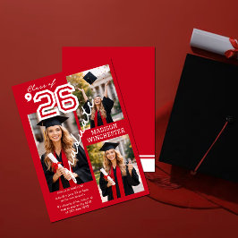 Modern Red Class of 2026 3-Photo Graduation Invite 招待状