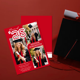 Modern Red Class of 2026 3-Photo Graduation Invite 招待状