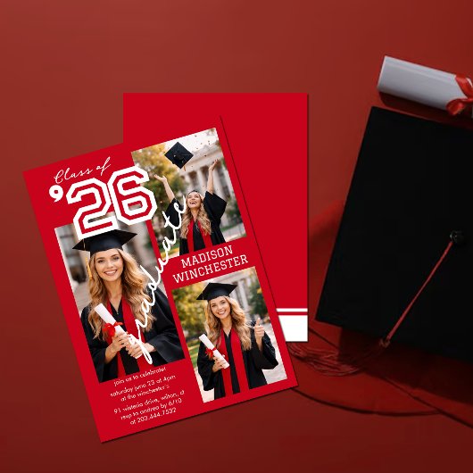 Modern Red Class of 2026 3-Photo Graduation Invite 招待状
