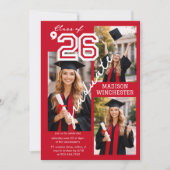 Modern Red Class of 2026 3-Photo Graduation Invite 招待状 (正面)