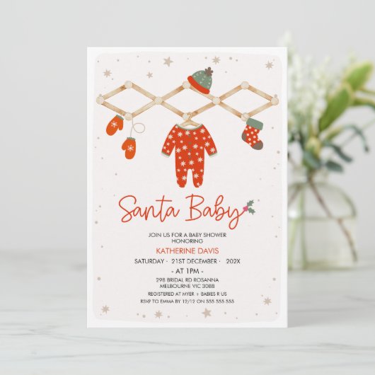 Modern Red Clothesline Santa Baby Baby Shower 招待状 (スタンド正面)