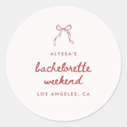 Modern Red Coquette Bow Bachelorette Weekend ラウンドシール (正面)
