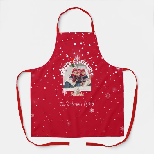 Modern Red Curved Graffiti Merry Christmas Photos  エプロン (正面)