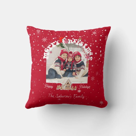 Modern Red Curved Graffiti Merry Christmas Photos  クッション (裏面)