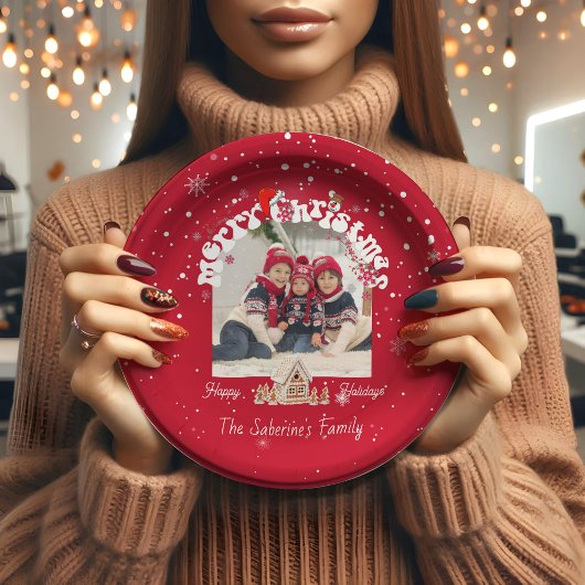 Modern Red Curved Graffiti Merry Christmas Photos  ペーパープレート