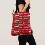 Modern Red Customized Name Collage トートバッグ<br><div class="desc">A modern personalized red allover tote bag gift for decorated in nine different fonts spelling your name in white typography. Cool customizable present for with fun cursive script.</div>