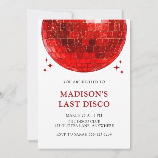 Modern Red Disco Ball Last Disco Bridal Shower 招待状 (正面)