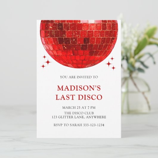 Modern Red Disco Ball Last Disco Bridal Shower 招待状 (スタンド正面)