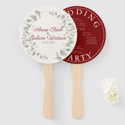 Modern Red eucalyptus leaves Program Hand Fan ハンドファン (正面&裏面)