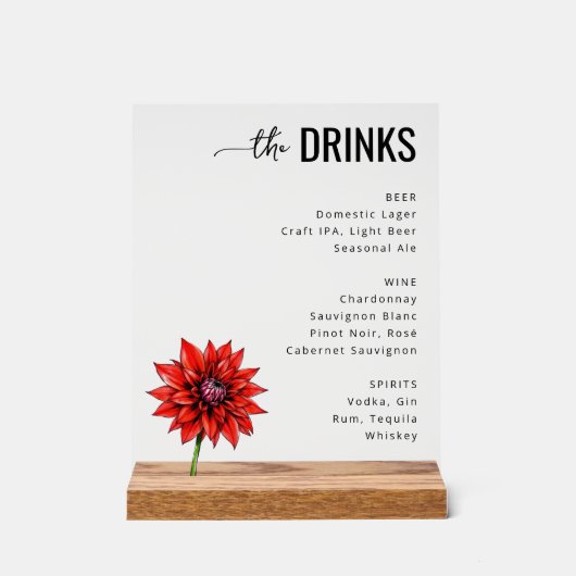 Modern Red Floral Beverage Menu アクリルサイン (正面)
