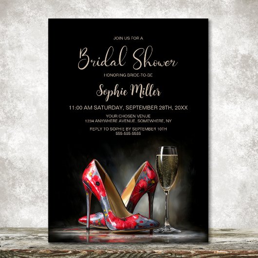 Modern Red Floral Stiletto Shoes Bridal Shower 招待状