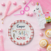 Modern Red Gingham Fishing 1st Birthday ペーパープレート (パーティー)
