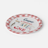 Modern Red Gingham Fishing 1st Birthday ペーパープレート (アングル)