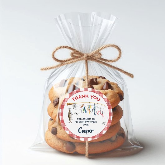 Modern Red Gingham Fishing Birthday  ラウンドシール