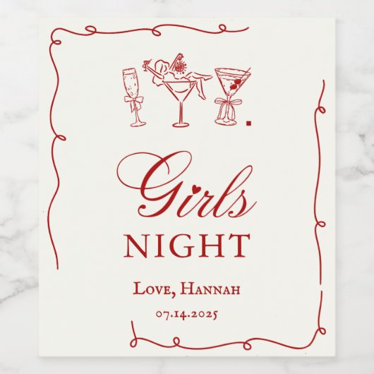 Modern Red Girls Night Dinner Party ワインラベル (シングルラベル)